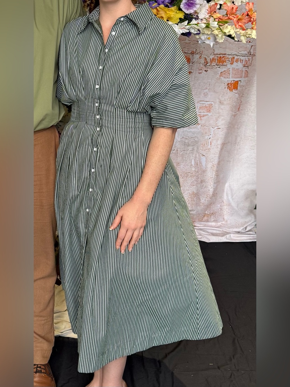 AUREUM Green Pinstripe Button-Down Midi Dress
